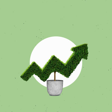 a green arrow as a growing graph, made up of leaves, isolated on a flat design background. Concept of investment income and growth with tree in pot.
