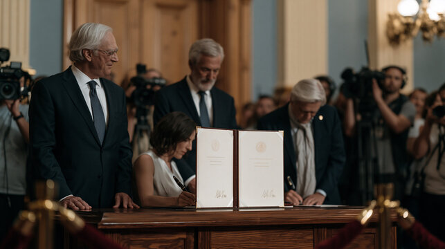 Senior legislators gathered at ceremonial mahogany desk for bill signing, fountain pens positioned beside embossed document folders as cameras from multiple press outlets crowd