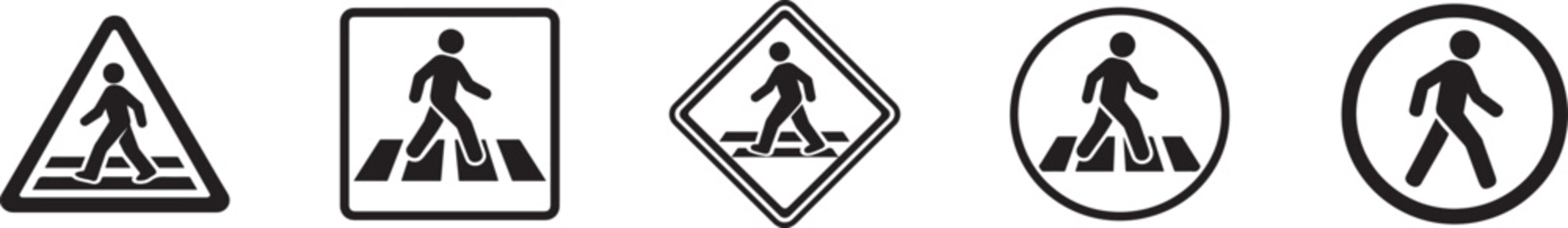 Pedestrian crossing sign set with crosswalk, zebra, no walking and road safety vector icons EPS 10.