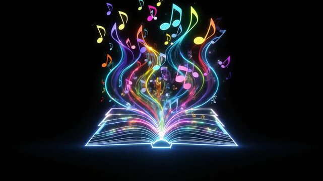 Open book with magical glowing neon light trails and musical notes rising in this vibrant animated digital motion clip