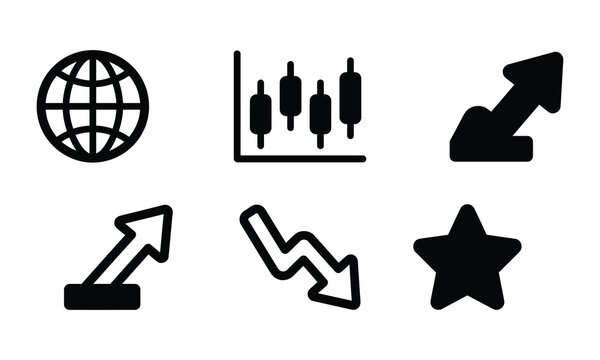 Financial stock trading and market trend minimal black icon set.