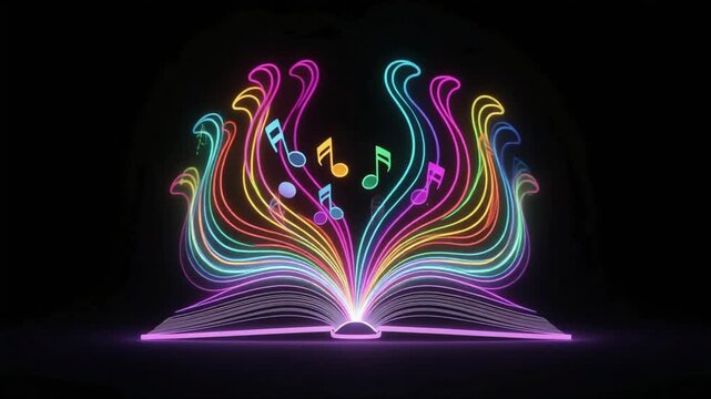 Open book glowing with neon musical notes rising from pages in a magical digital animation motion footage for creative projects