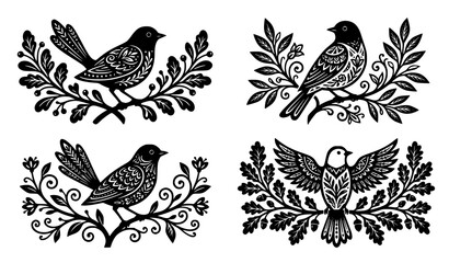 Stylized bird vector illustration collection with leafy branches decorative feather patterns isolated on white background © Md