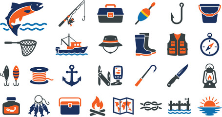 Fishing Gear and Equipment Icon Set with Flat Vector Silhouettes of Rod, Reel, Hook, Boat, Fish, and Tackle Box for Outdoor Recreation, Sports, and Adventure Designs © salsabil
