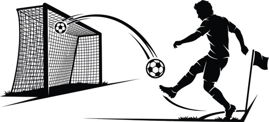 Soccer player kicking ball toward goal black silhouette on white background football futbol goalpost net athlete sportsman shooting striking sphere round black and white monochrome vector illustration © FOR YOU