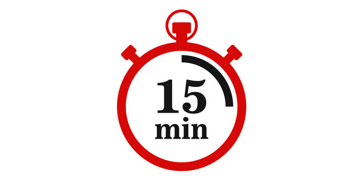 Red stopwatch icon with 15 minutes on transparent background