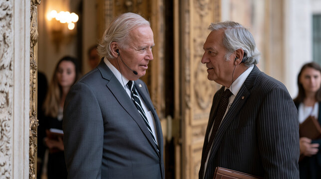 Bilateral diplomatic summit corridor exchange showing two senior delegations pausing at ornate doorway for brief unscripted exchange, flag pins on lapels and translation earpieces