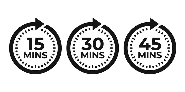 Three gray timer icons with 15, 30, and 45 minutes on transparent background