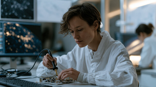 Deep space communication relay engineer solders quantum signal amplifier components onto circuit board in electronics lab, interplanetary network latency diagrams tacked above
