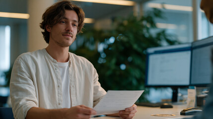 Fototapeta premium Nervous first-time passport applicant at government processing bureau holding birth certificate and utility bill stack while clerk cross-checks identity documents on dual monitor