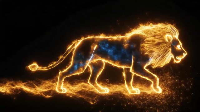 Majestic lion silhouette walking forward with glowing blue and orange ethereal energy flames in this dynamic digital motion video animation