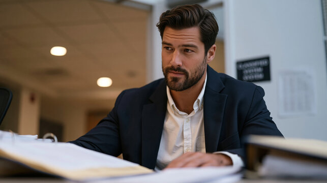 Government cybersecurity procurement officer evaluating vendor security proposals in secure evaluation room, proposal binders spread across table with evaluation rubric forms
