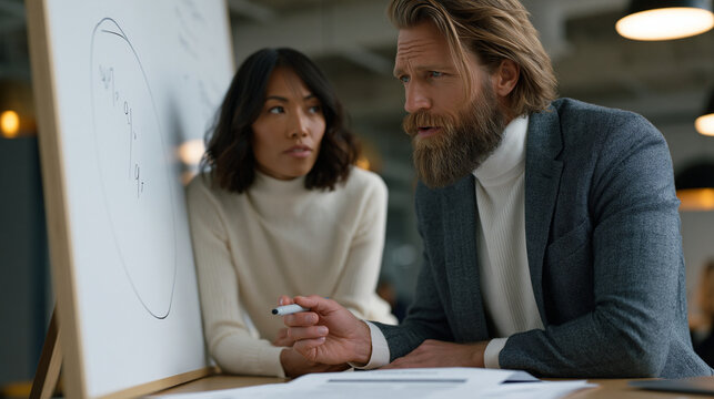 Startup equity negotiation shown through two founders using a whiteboard to draw ownership percentage circles, marker squeaking mid-revision, a lawyer's printed term sheet on the