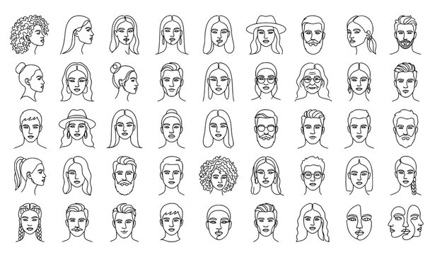 Hand Drawn Diverse Human Face Portrait Collection with Different Hairstyles Expressions and Character Designs