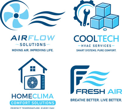 Klimatechnik und L&uuml;ftung Logo Set &ndash; Kollektion von vier Firmenzeichen f&uuml;r Klimaanlagen, HVAC Service und Haustechnik