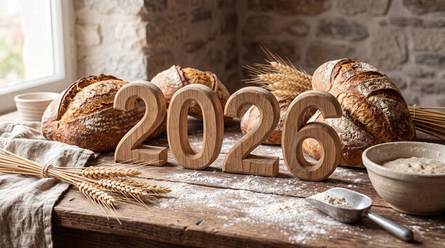 Rustic wooden numbers 2026 standing among fresh artisanal sourdough bread loaves, wheat stalks, and flour on a wooden table near a window for a new year concept