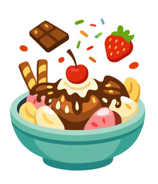 Delicious ice cream sundae in a teal bowl with chocolate sauce, cherry, strawberry, wafer sticks and colorful sprinkles. Sweet dessert treat concept for indulgence and celebration.