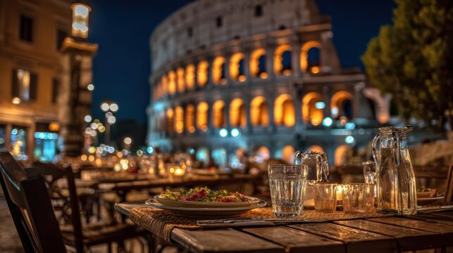 Spring Summer outdoor leisure relaxation activity. A nighttime scene of an outdoor dining area with a view of the Colosseum, a historic Roman amphitheater, in the background.