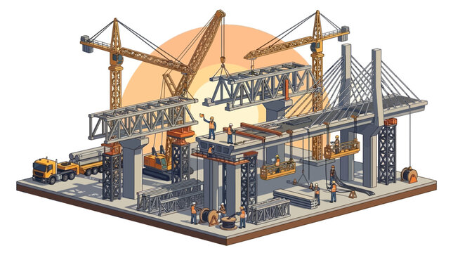 Construction site with cranes and steel framework under development.