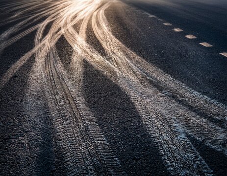car tire rubber marks on worn asphalt after abrupt braking
