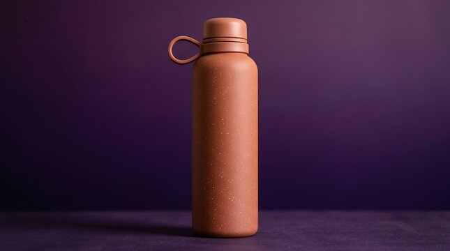 Speckled terracotta reusable water bottle against a purple background