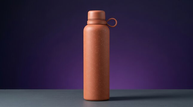 Speckled terracotta reusable water bottle against a purple background