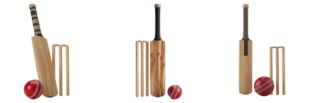 Set and Collection of professional wooden cricket bat isolated on white transparent png background.