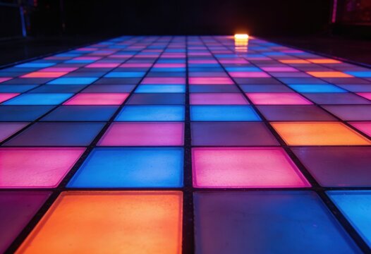 Vibrant illuminated dance floor with glowing colorful grid squares for nightlife events