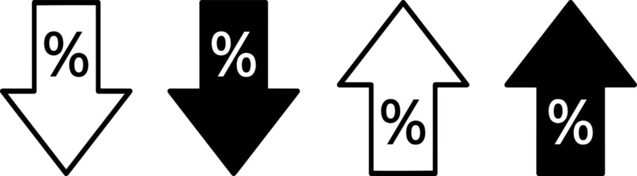 Set of percentage arrow icons, interest rate increase and decrease