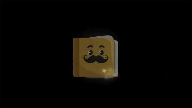 Animated yellow book character with a black mustache twinkling against a dark background in this whimsical digital motion graphic video