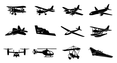 Black Aircraft Silhouette Icons Vector Set with Vintage Modern Aviation and Helicopter Collection © Tonmoy