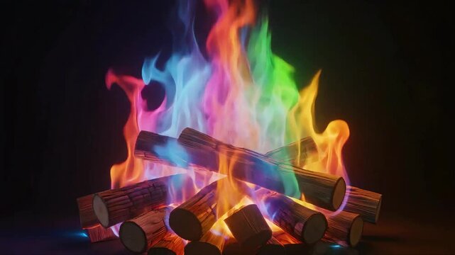 Vibrant multicolored campfire flames flickering over stacked wooden logs in this mesmerizing digital motion video animation for artistic creative projects