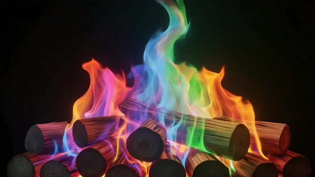 Vibrant rainbow campfire flames dancing over stacked wooden logs in this mesmerizing digital motion animation for creative artistic visual projects