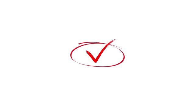 Hand-drawn red check mark inside circle, approval highlight marker, validation symbol, presentation annotation, 4K animation with alpha channel.