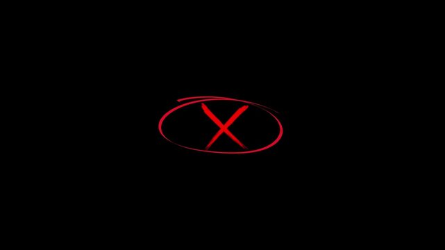 Hand-drawn red cross mark inside circle, rejection highlight marker, error symbol, presentation annotation, 4K animation with alpha channel.