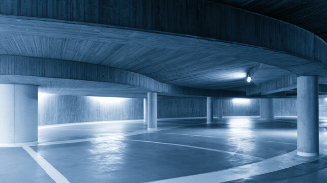 In a parking structure, lights illuminate the curved walls and ceiling. Columns support the building while the smooth floor indicates the layout of parking spaces