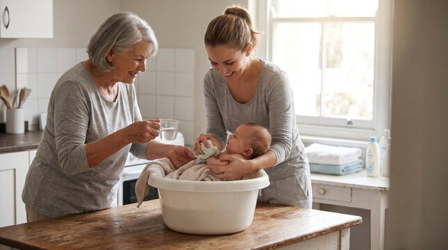 Baby bath family support, Grandmother and mother care, Low income infant hygiene, Maternal child health at home, Warm lifestyle scene