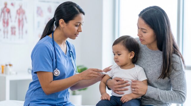 Temperature check teaching, Mother learning child care, Community clinic wellness support, Low income pediatric health, Focused medical lifestyle close up
