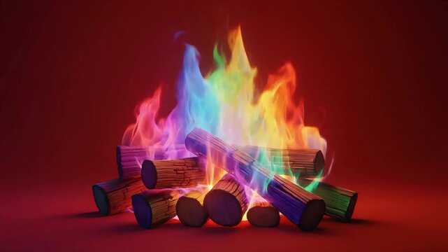 Vibrant rainbow campfire animation featuring burning wooden logs with magical multicolored flames rising upwards in this high quality video footage