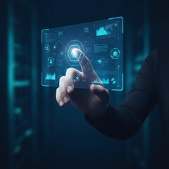 Fototapeta premium Futuristic Data Interface: Hand Interacting with Holographic Dis