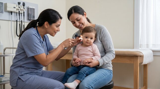 Toddler ear checkup, Mother at community clinic, Pediatric healthcare for low income families, Calm medical examination, Clean lifestyle close up