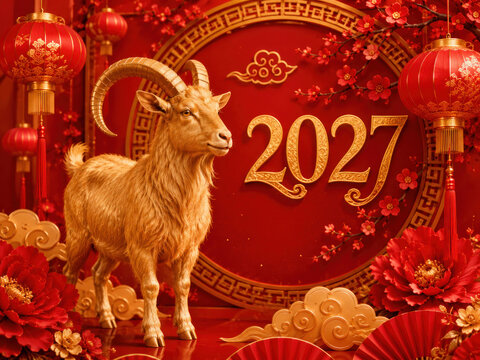 Chinese New Year 2027 golden goat with red lanterns and festive decorations
