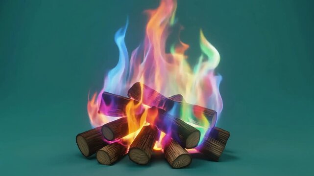 Vibrant rainbow campfire with glowing multicolored flames burning bright logs in this dynamic motion animation loop for creative video projects