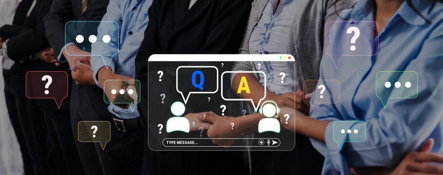 Diverse Group Engaging in Online Q and A Session with Question Bubbles and Digital Interaction Elements in Modern Workspace Environment. Glyphic.