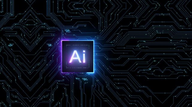Artificial Intelligence Chip Glowing on Digital Circuit Board Background