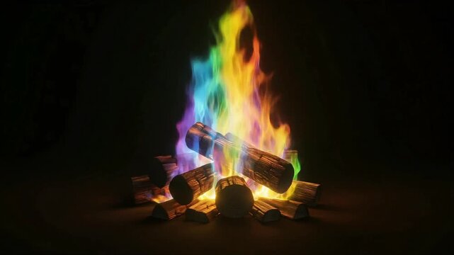 Vibrant rainbow campfire flames dancing over stacked wooden logs in this dark mystical motion video animation for magical visual effects