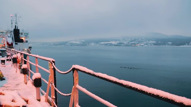 A flock of birds swims on the water in the cold North Sea. Filming from a cargo ship. An atmosphere of cold and loneliness