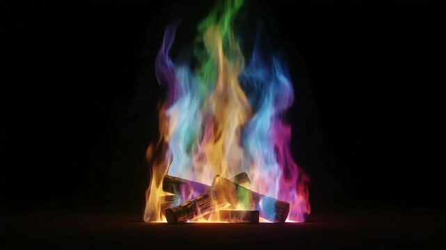 Magical rainbow campfire with vibrant multi colored flames flickering in dark environment captured in this mesmerizing high definition motion video clip