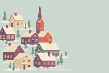 Fototapeta premium Flat illustration of a cozy snowy village with a tall traditional church in wintertime, colorful graphic art, winter concept