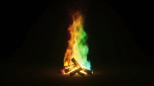 Multicolored campfire with vibrant magical flames dancing in a dark night environment captured as a high quality motion video footage